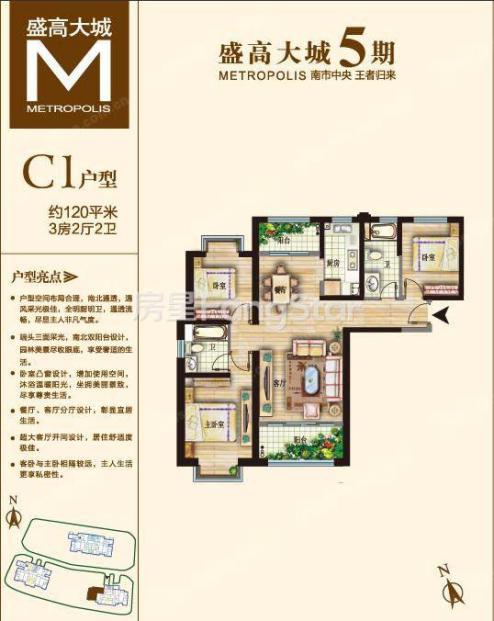 3室2廳2陽臺(tái) 盛高大城二期戶型圖