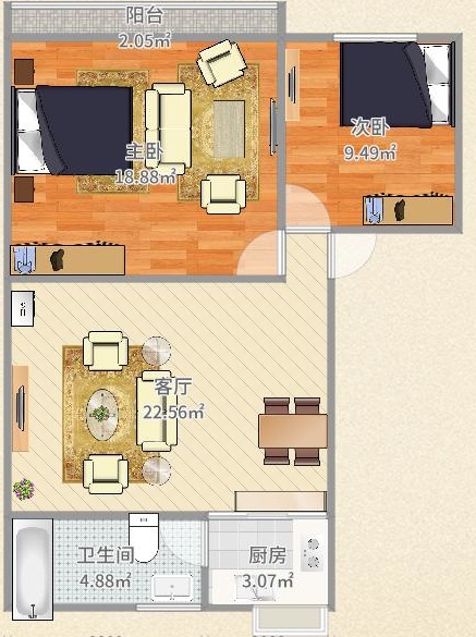 2室1厅1阳台 新迎小区户型图
