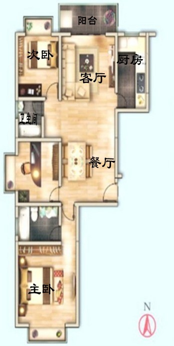 2室2厅1阳台 大溪地户型图