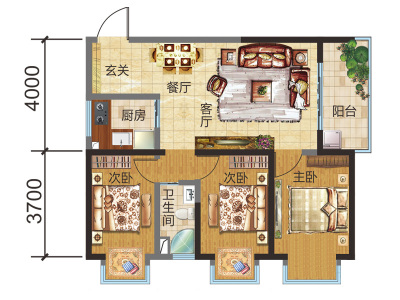 3室2廳1陽(yáng)臺(tái) 華飛名盛世界戶型圖