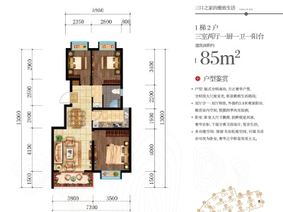 3室2廳1陽(yáng)臺(tái) 實(shí)地花鶴翎戶型圖