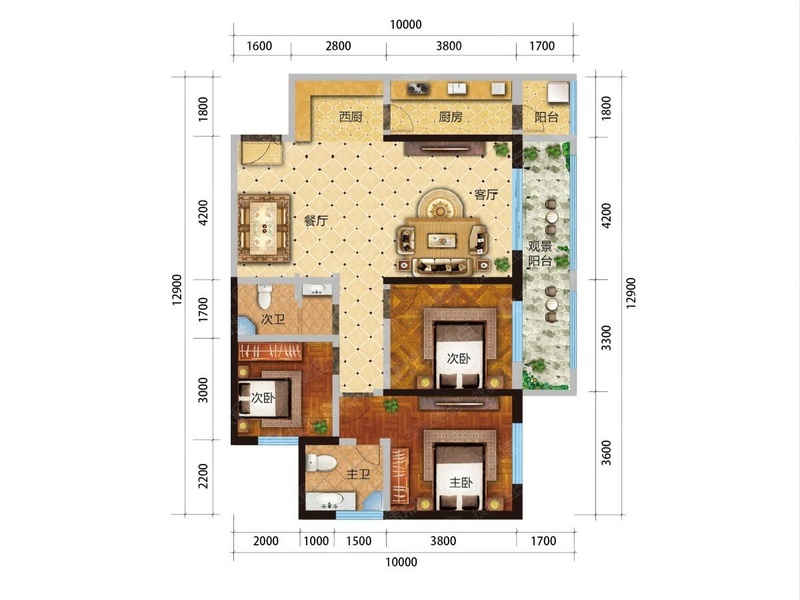 3室2廳1陽臺 國福現(xiàn)代城海棠苑戶型圖