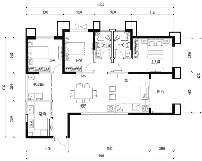 3室2廳1陽臺 濱江俊園香儂組團戶型圖