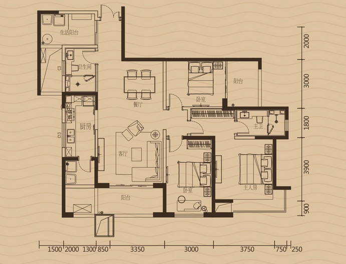 3室2廳2陽臺 濱江俊園后灣組團(tuán)戶型圖