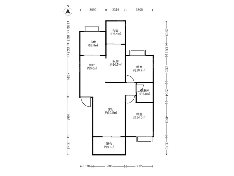3室2廳1陽(yáng)臺(tái) 銀杏廊亭戶型圖