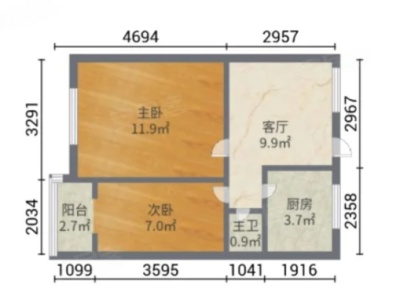 2室1厅1阳台 烟草职工宿舍（东风西路283号）户型图