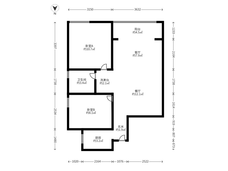 2室1廳1陽臺 子君欣景花園永泰園（公租房+經(jīng)適房）戶型圖