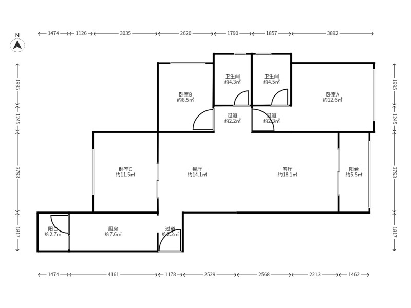 3室2廳2陽臺 俊發(fā)城紫薇苑A區(qū)戶型圖