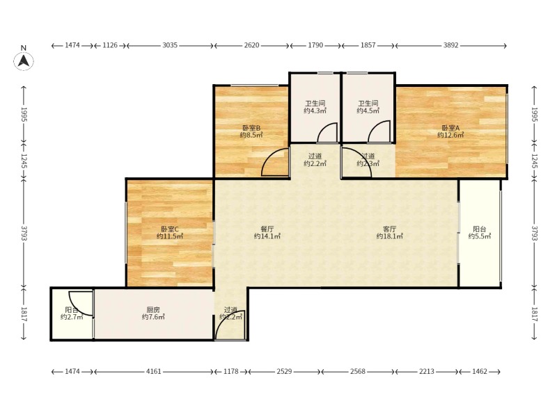 3室2廳2陽臺 俊發(fā)城紫薇苑A區(qū)戶型圖