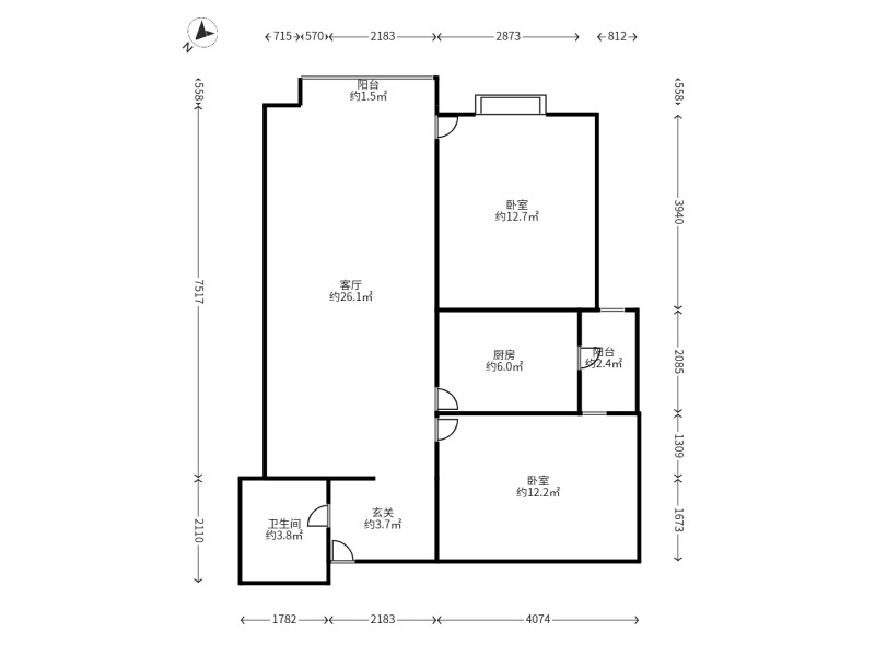 2室2廳1陽臺 萬宏國際一期戶型圖