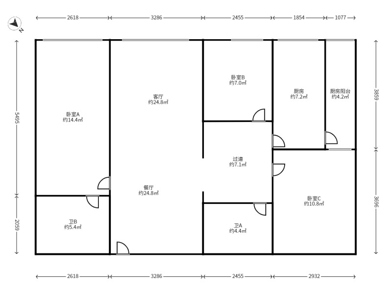 3室2廳2陽臺 未名城A3戶型圖