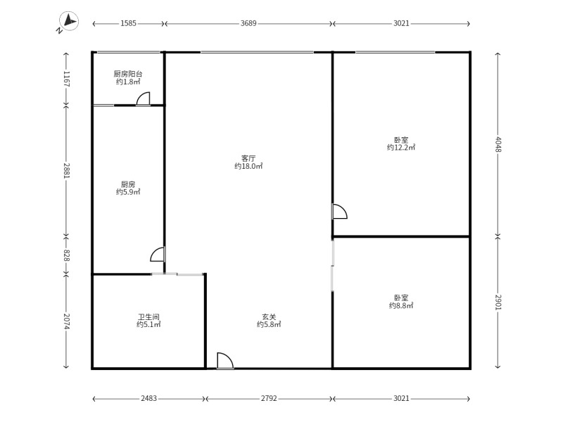 2室2廳1陽(yáng)臺(tái) 時(shí)光俊園戶型圖
