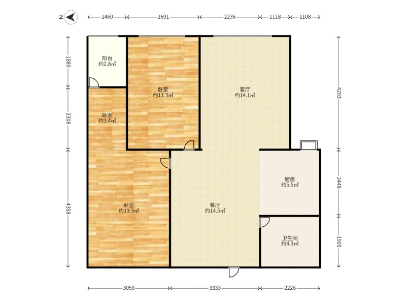 2室2廳1陽臺 溪畔麗景戶型圖