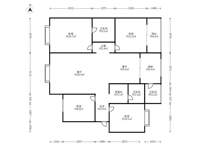 4室2廳2陽臺 機電裕海小區(qū)（上馬村）戶型圖
