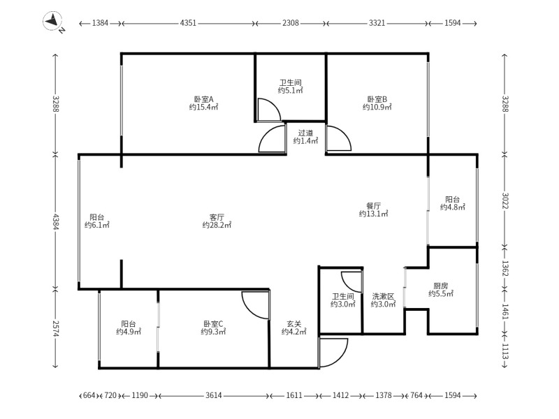 3室2廳2陽臺(tái) 江東花園四季園戶型圖