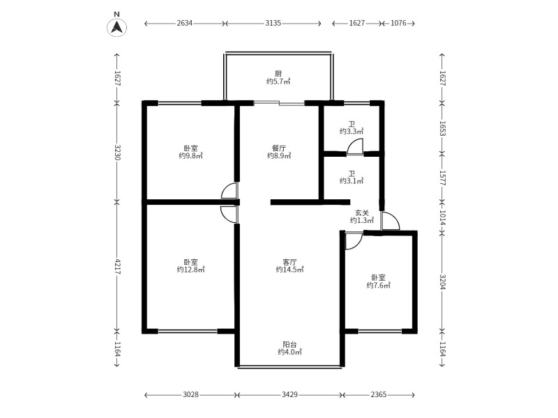 3室2廳1陽臺 煙草科技園戶型圖