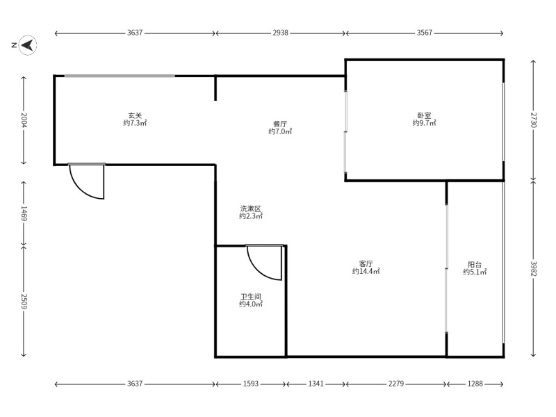 2室2廳1陽臺(tái) 金域緹香戶型圖