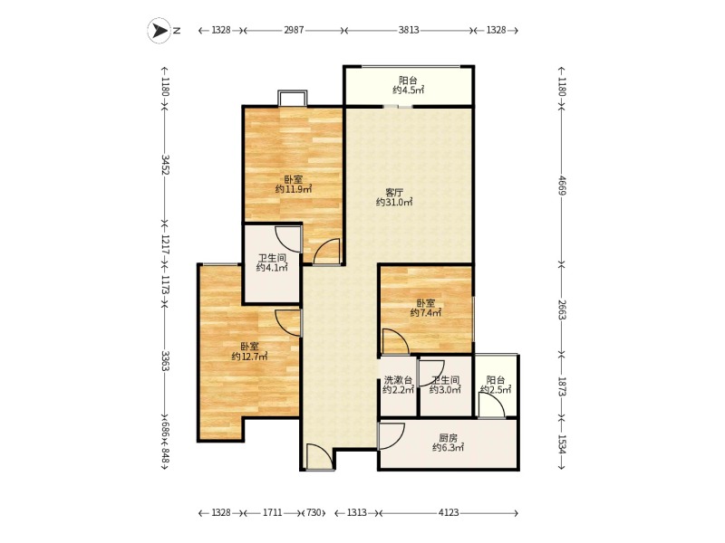 3室2廳1陽臺 未名城A7戶型圖
