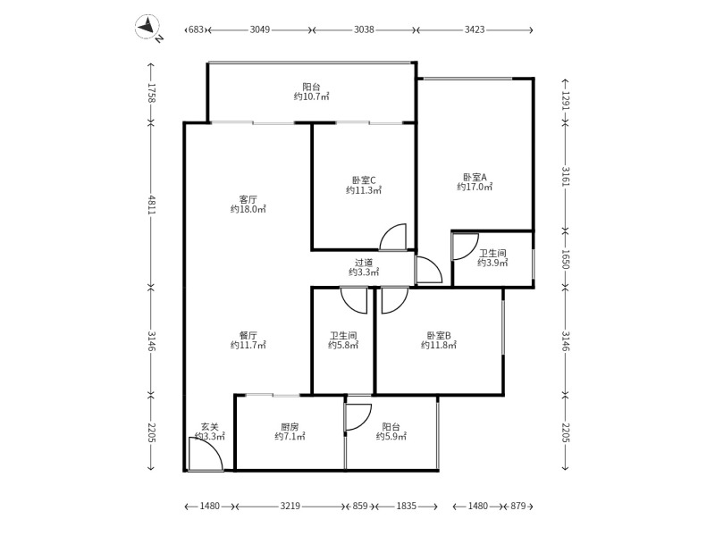 3室2廳2陽臺 中海云著戶型圖