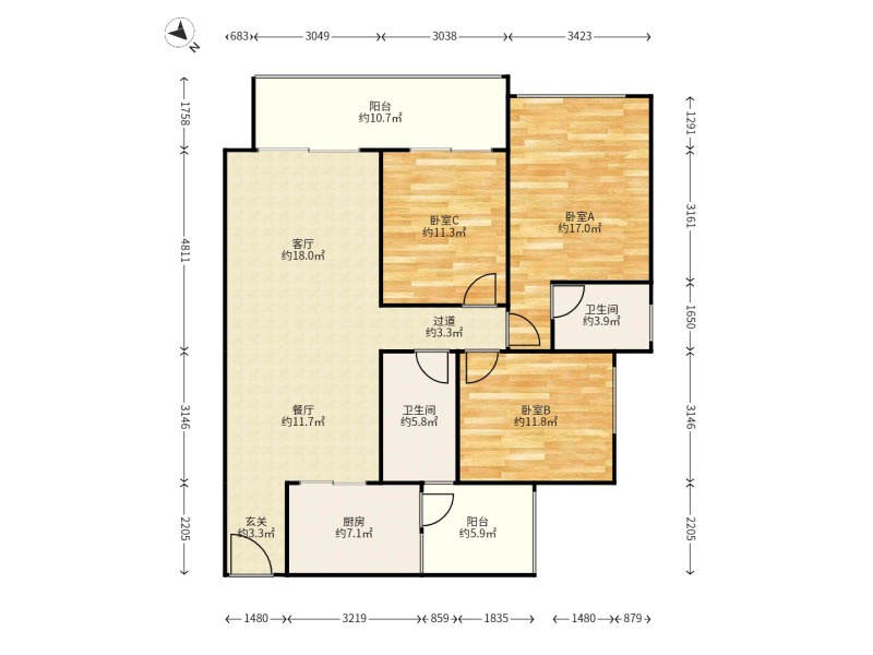 3室2廳2陽臺 中海云著戶型圖