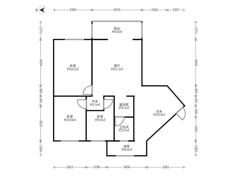 3室2廳1陽(yáng)臺(tái) 金星小區(qū)戶型圖