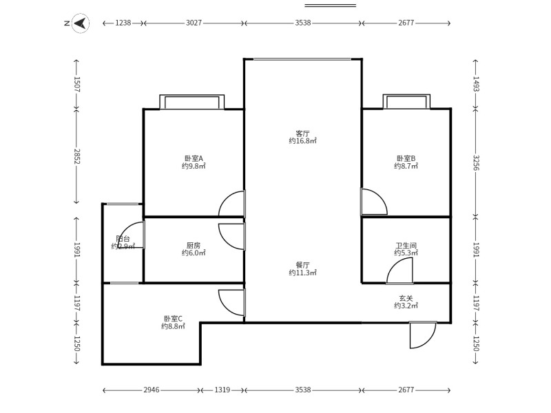 3室2廳1陽(yáng)臺(tái) 美璟欣城戶型圖
