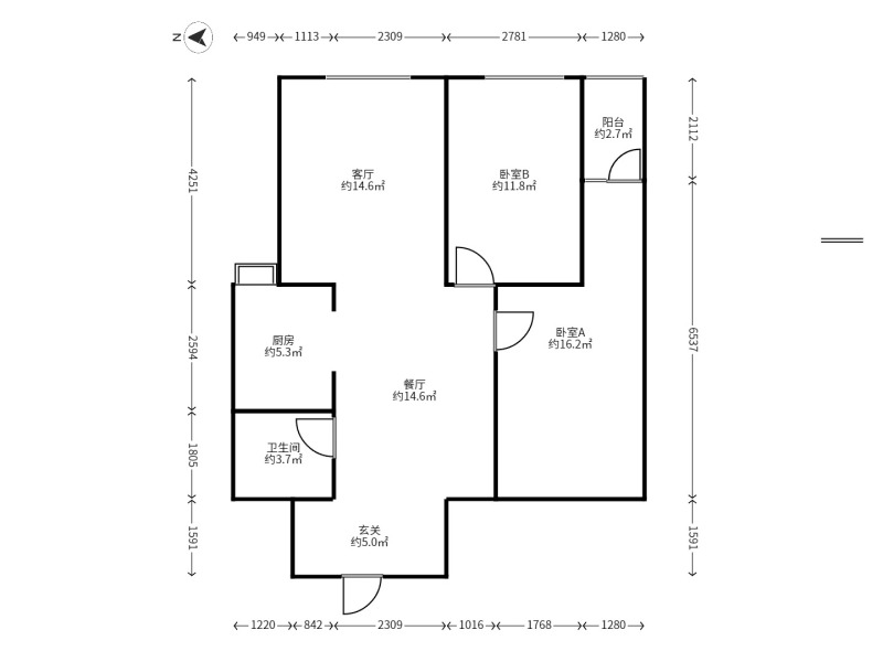 2室2廳1陽臺 溪畔麗景戶型圖