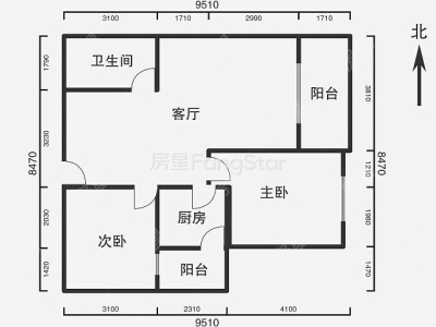 2室2廳1陽臺 銀海櫻花語幸福里戶型圖