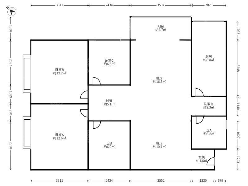 3室2廳1陽(yáng)臺(tái) 未名城A2戶型圖