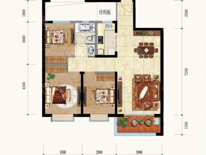 3室2廳1陽臺(tái) 金科陽光里戶型圖