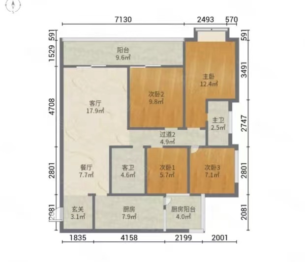 3室2廳2陽臺 融城昆明湖七里香戶型圖