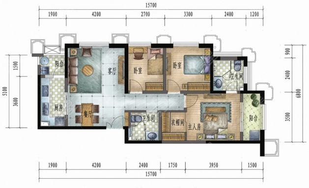 3室2廳1陽臺 濱江俊園香儂組團戶型圖