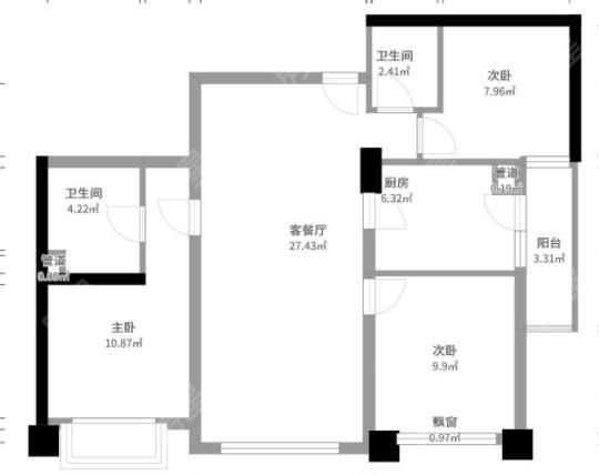 3室2廳1陽臺 天驕北麓北區(qū)戶型圖