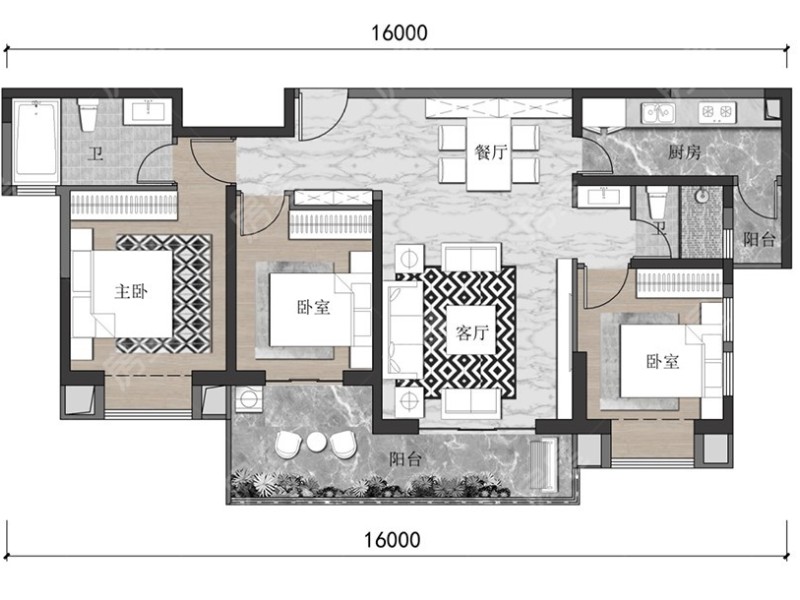 3室2廳2陽臺 融城昆明湖湖珀戶型圖