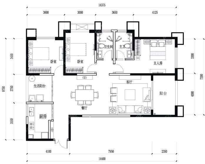 3室2廳2陽臺 濱江俊園塞納組團(tuán)小區(qū)平面圖