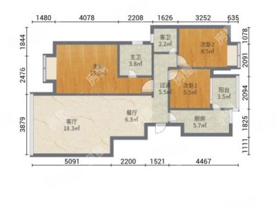 3室2廳1陽臺(tái) 銘誠東尚
