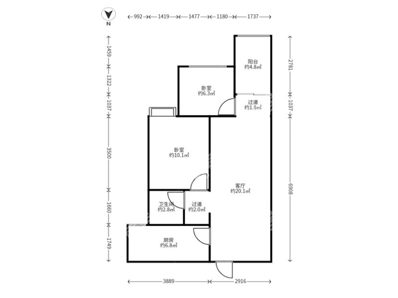 2室2廳1陽臺 俊發(fā)城金盞苑戶型圖