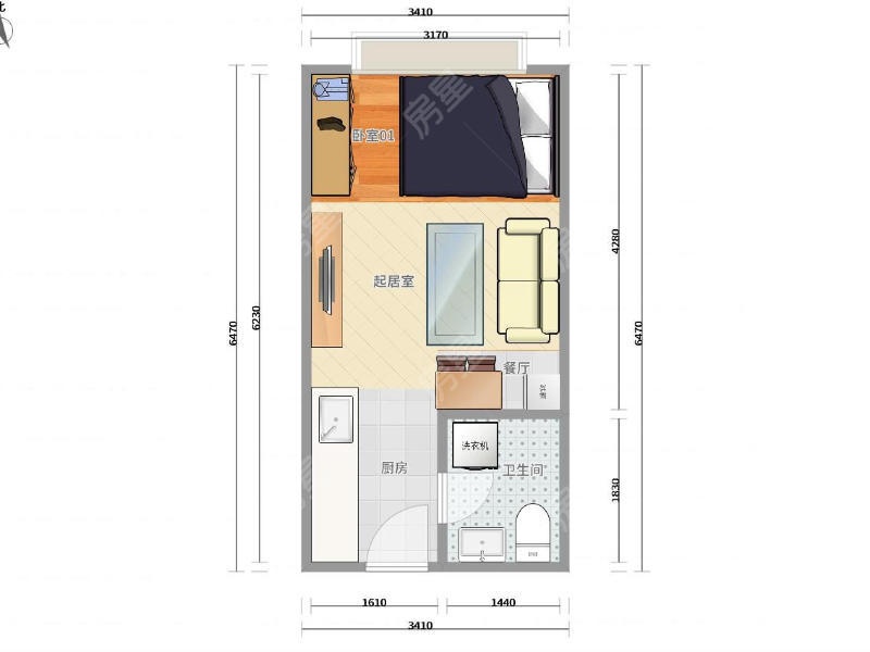 1室1厅 实力心城公寓户型图