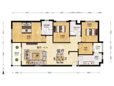 4室2廳2陽(yáng)臺(tái) 俊發(fā)盛唐城長(zhǎng)安郡(三期)