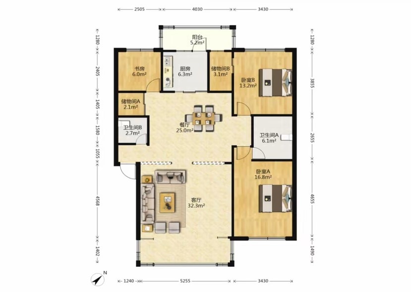 3室2廳2陽(yáng)臺(tái) 陽(yáng)光花園二期昊苑戶型圖