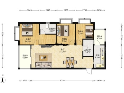 3室2廳2陽(yáng)臺(tái) 萬(wàn)科中天北宸