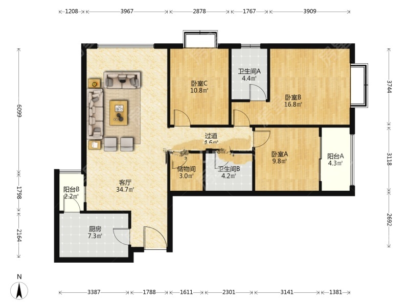 3室2廳1陽臺 昆明湖中壩14號地塊臻園B區(qū)戶型圖