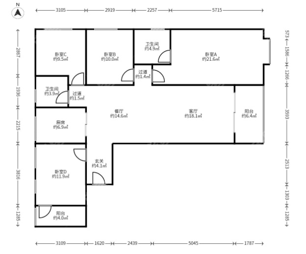 4室2廳2陽臺(tái) 俊發(fā)城茉莉苑戶型圖