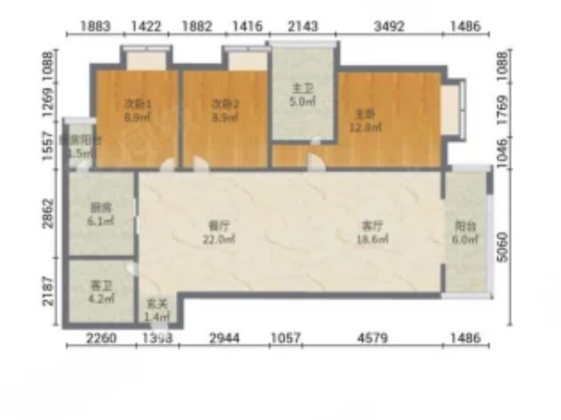 3室2廳2陽臺 金泰國際一期戶型圖
