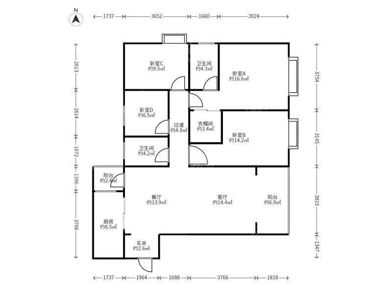 4室2廳2陽(yáng)臺(tái) 金域緹香戶型圖