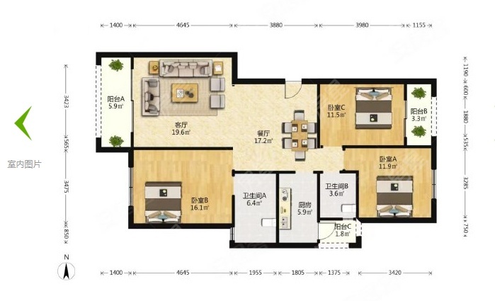 3室2廳3陽臺 西南海F地塊戶型圖