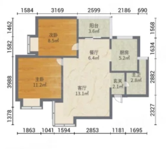 2室2廳1陽臺 麗水雅苑戶型圖