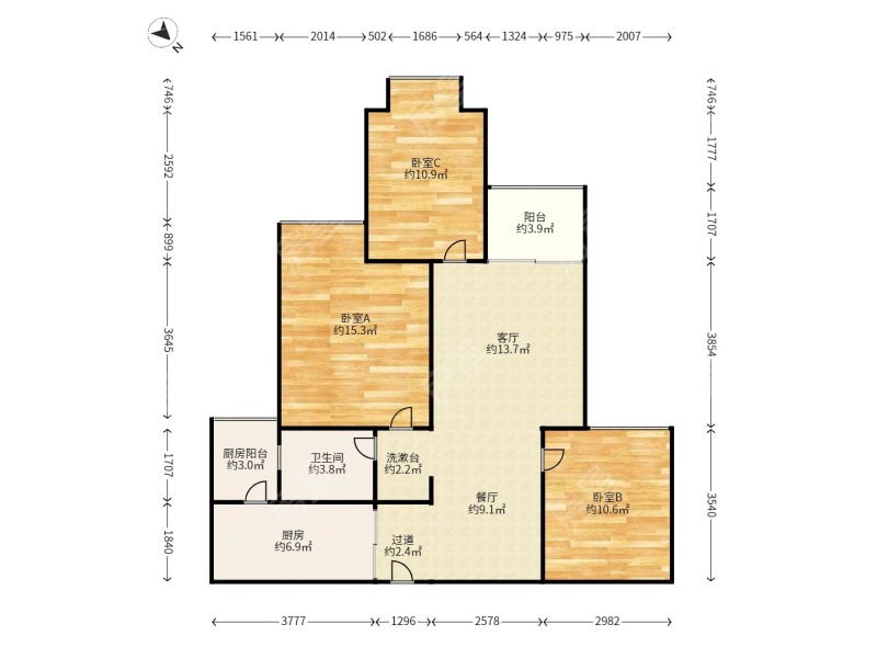 3室2廳1陽(yáng)臺(tái) 金地九樾戶型圖