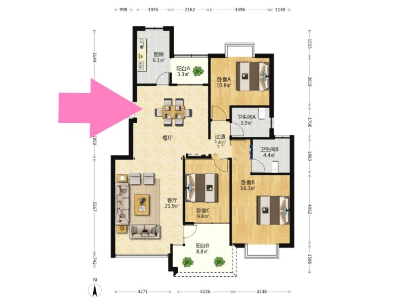 3室2廳1陽(yáng)臺(tái) 佳湖花園戶型圖