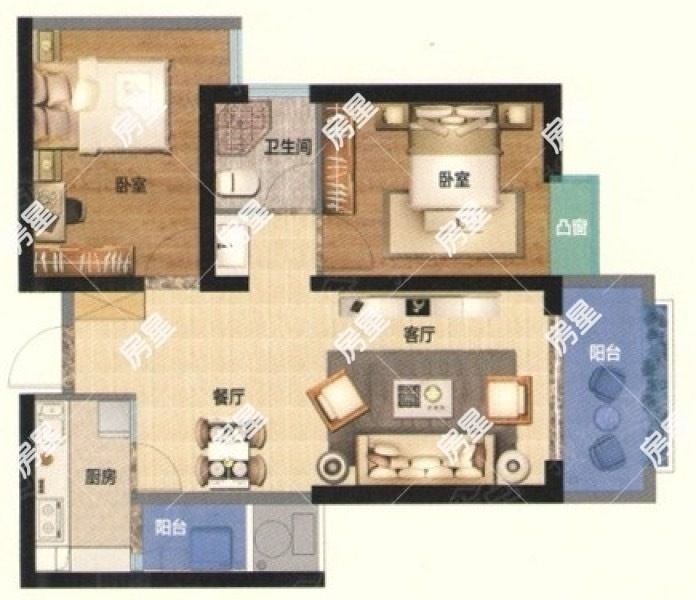 2室2廳3陽臺 俊發(fā)盛唐城星河郡（一期）戶型圖